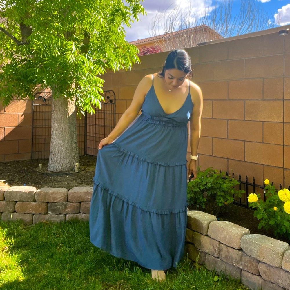 Boho Ruffle V-neck Maxi Dress in Deep Blue
